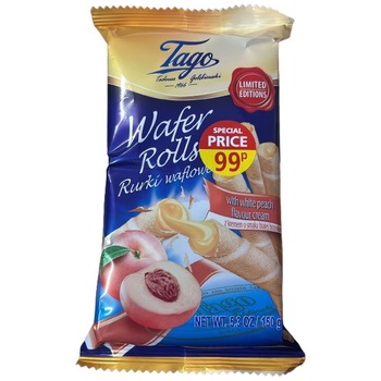 TAGO WAFER ROLLS WITH WHITE PEACH FLAVOUR CREAM PM£0.99