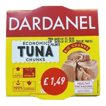 DARDANEL ECONOMIC TUNA CHUNK IN SUNFLOWER OIL PM£1.49