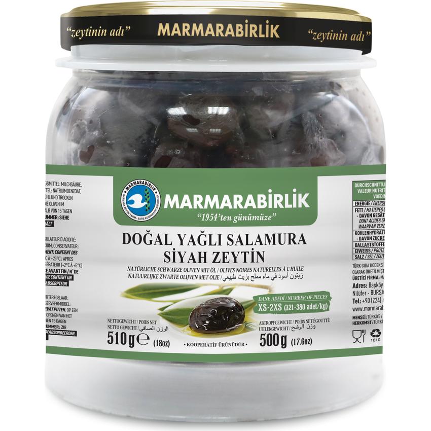 MARMARABIRLIK EKSTRA-ELIT BLACK OLIVE WITH OIL XS-2XS (321-380) (GLASS PET)
