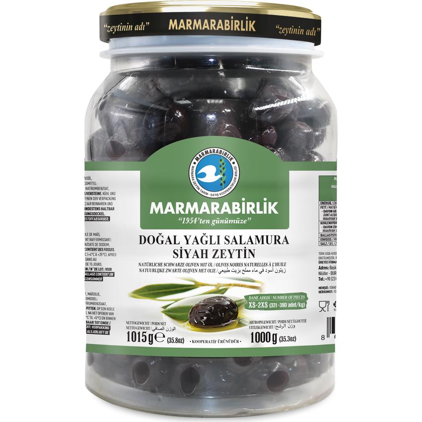 MARMARABIRLIK EKSTRA-ELIT BLACK OLIVES WITH OIL XS-2XS (321-380) (GLASS PET)