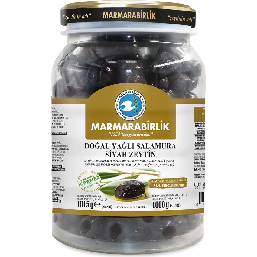 MARMARABIRLIK MEGA-HIPER BLACK OLIVES WITH OIL XL-L (201-260) (GLASS PET)