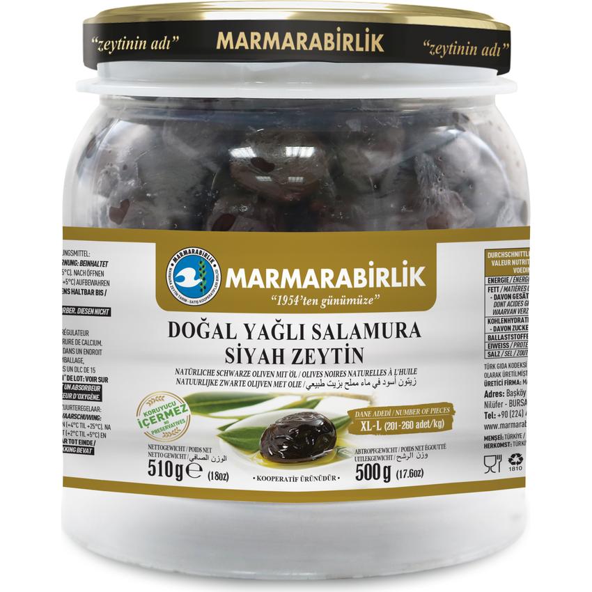 MARMARABIRLIK MEGA-HIPER BLACK OLIVES WITH OIL XL-L (201-260) (GLASS PET)